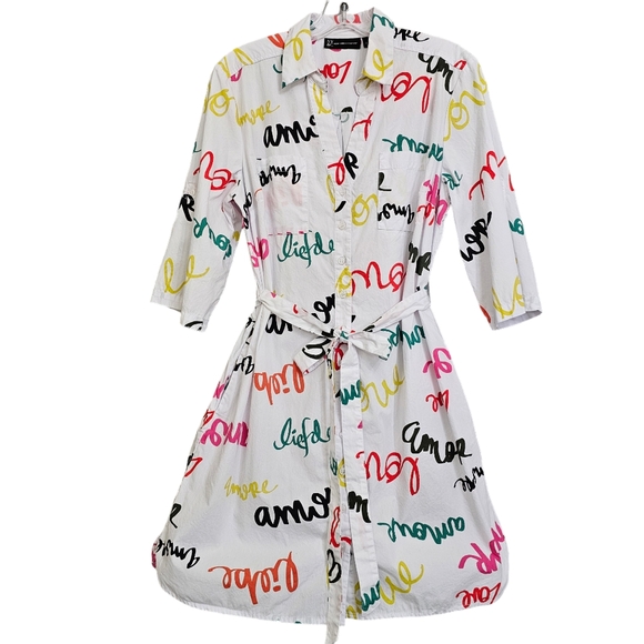 Nwot NY & CO White & Multicolored Script Words 3\4Sleeve Collared Shirt Dress - Picture 6 of 16